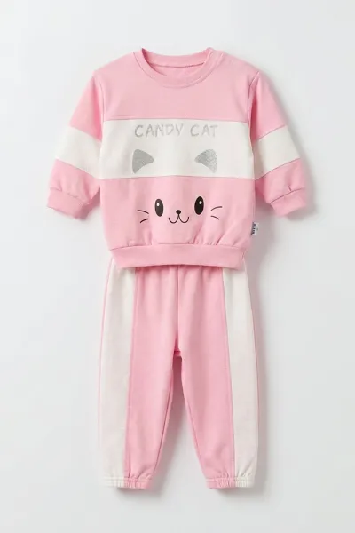 Pembe (9-24  Ay)  Kedi Baskılı   Lastikli Paça Penye  Kız Bebek Takım 480177