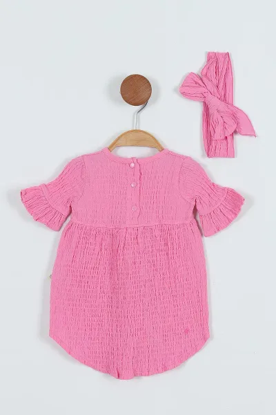 Pembe (9-24 Ay) Müslin Bürümcük Kumaş Saç Bantlı Kız Bebek Elbise 263822
