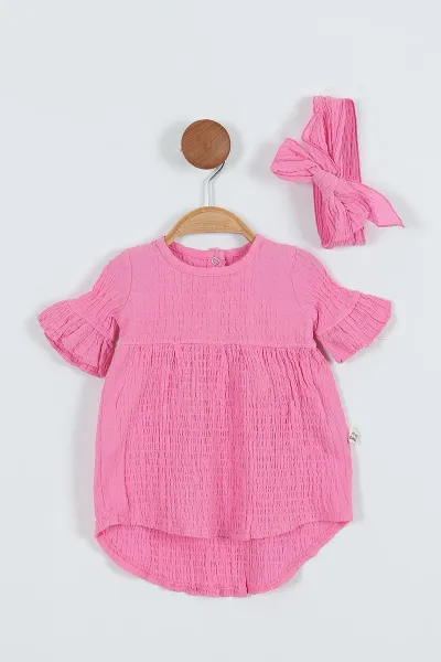 Pembe (9-24 Ay) Müslin Bürümcük Kumaş Saç Bantlı Kız Bebek Elbise 263822