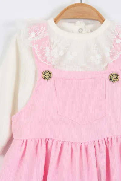 Pembe (9-24 Ay) Ön Cep Detaylı Fitilli Kumaş Güpürlü  Badili Kız Bebek Elbise 338767