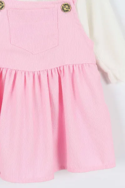 Pembe (9-24 Ay) Ön Cep Detaylı Fitilli Kumaş Güpürlü  Badili Kız Bebek Elbise 338767