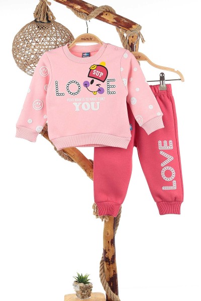 Pembe (9-24 Ay) Sup Love Baskılı Üç İp Şardonlu Kız Çocuk Takım 140574