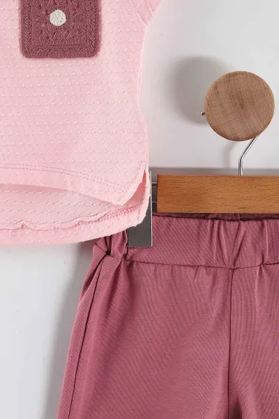 Pembe (9-36 Ay)  Nakışlı Tişörtlü   Şortlu Kız Bebek Yazlık Takım 445507