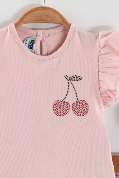 Pembe (9-36 Ay) Taşlı Kiraz Baskılı Kol Fırfırlı Şort Etekli Kız Bebek Yazlık Takım 455081