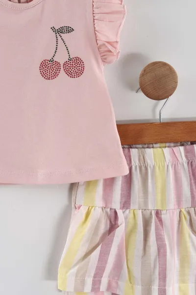 Pembe (9-36 Ay) Taşlı Kiraz Baskılı Kol Fırfırlı Şort Etekli Kız Bebek Yazlık Takım 455081
