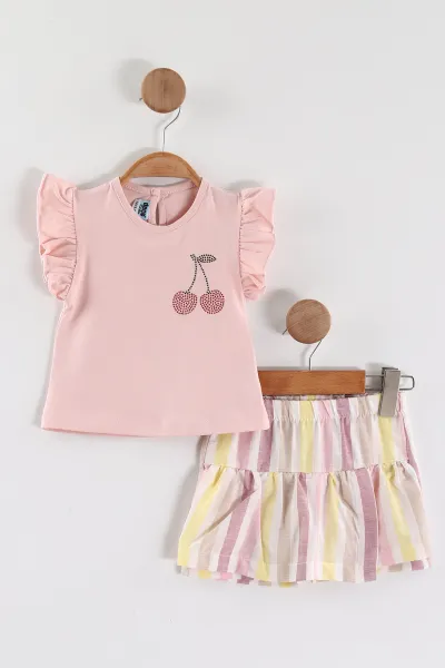 Pembe (9-36 Ay) Taşlı Kiraz Baskılı Kol Fırfırlı Şort Etekli Kız Bebek Yazlık Takım 455081