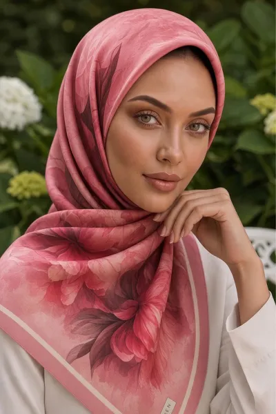 Pembe 90x90 Cm Dijital Baskılı Petalia Desen Kutulu Twill Eşarp 501141