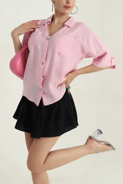 Pembe Aerobin Keten Kadın Gömlek 379501