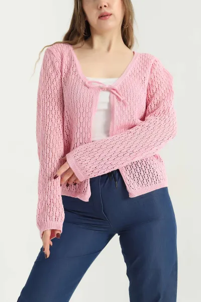 Pembe Ajurlu Kadın Triko Hırka 340819
