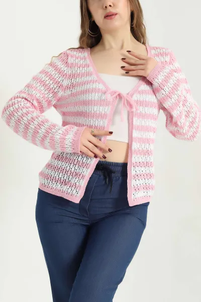 Pembe Ajurlu Çizgili Triko Hırka 340822