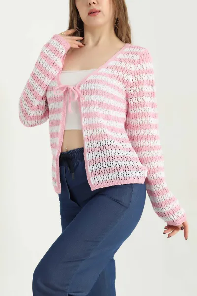 Pembe Ajurlu Çizgili Triko Hırka 340822