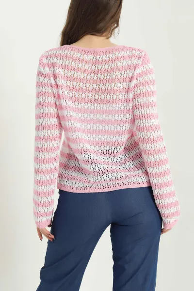 Pembe Ajurlu Çizgili Triko Hırka 340822