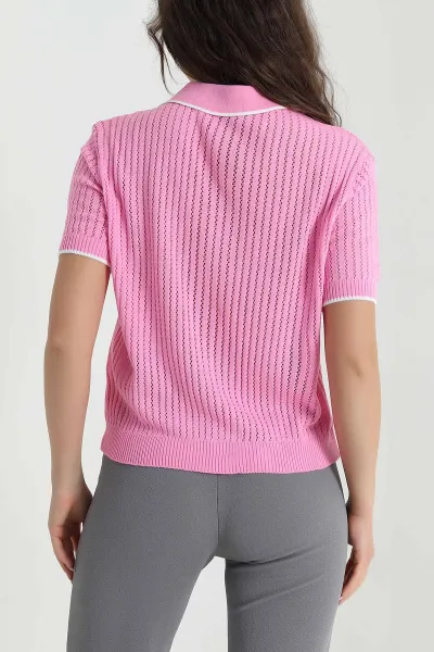 Pembe Ajurlu Polo Yaka Kadın Triko 460899