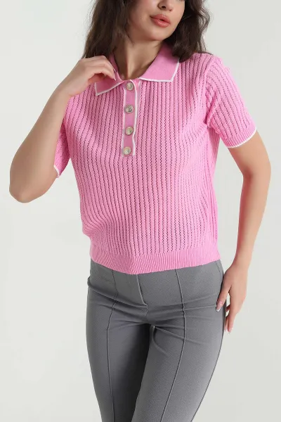 Pembe Ajurlu Polo Yaka Kadın Triko 460899