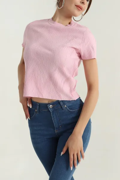 Pembe Akordiyon Kumaş Kadın Tişört  379979