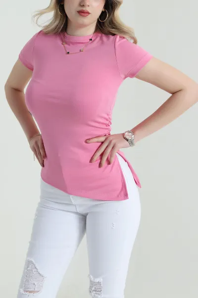 Pembe Asimetrik Kesim Büzgülü Oysho Kadın Bluz 458326
