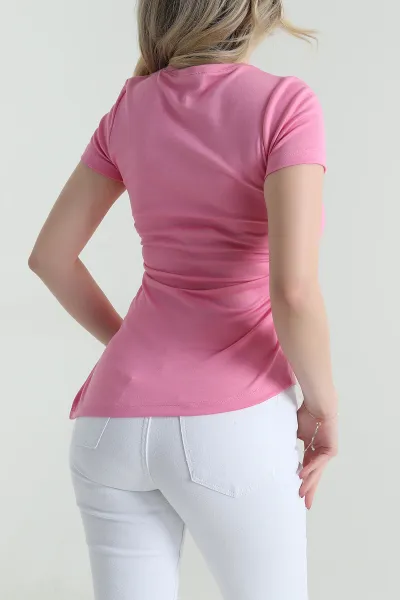 Pembe Asimetrik Kesim Büzgülü Oysho Kadın Bluz 458326