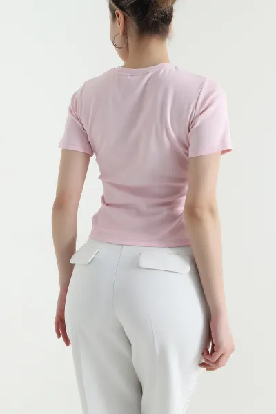 Pembe Asimetrik Kesim Tokalı Kadın Ribana Bluz 446570