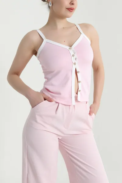 Pembe Askılı Düğmeli Modal Kadın Bluz 468865