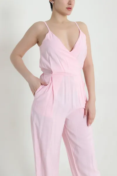 Pembe Askılı Keten Kadın Tulum 460225