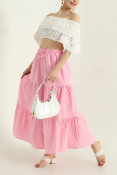 Pembe Astarlı Beli Lastikli Poplin Etek 336902