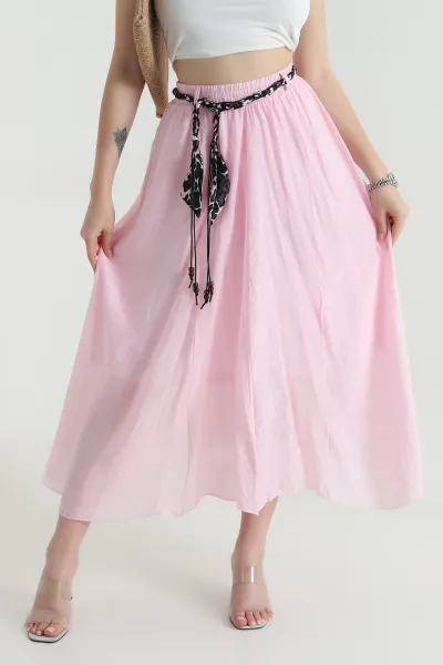 Pembe Astarlı Beli Lastikli Tensel Dokuma Kadın Etek 466402