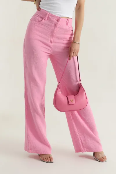 Pembe Astarlı Cep Detay Müslin Keten Kadın Pantolon 380704