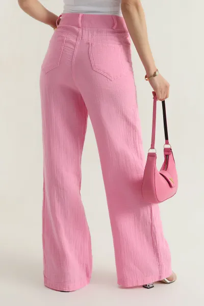 Pembe Astarlı Cep Detay Müslin Keten Kadın Pantolon 380704