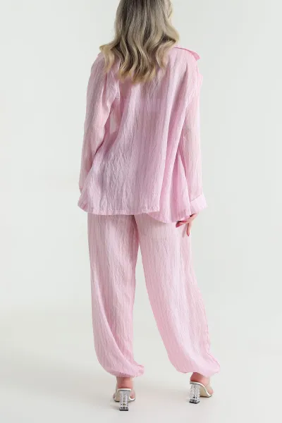 Pembe Astarlı Çizgili Tencel Kadın Üçlü Takım 462737