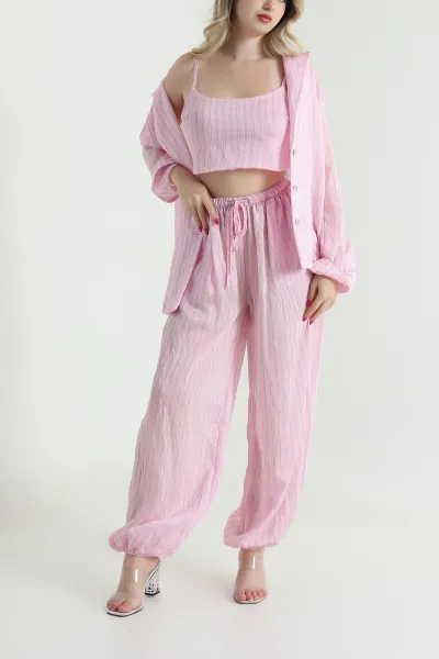 Pembe Astarlı Çizgili Tencel Kadın Üçlü Takım 462737