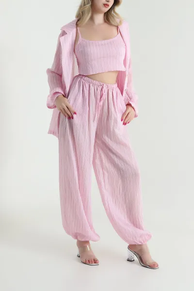 Pembe Astarlı Çizgili Tencel Kadın Üçlü Takım 462737