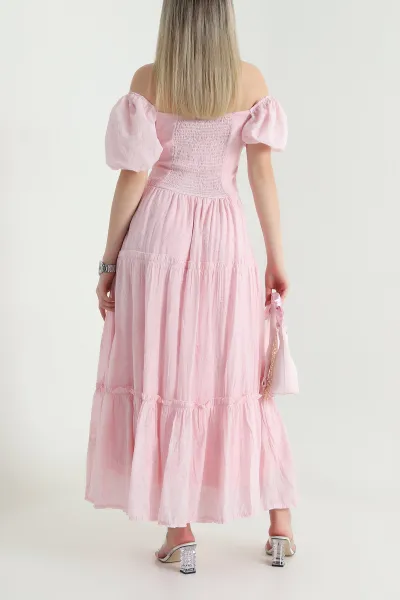 Pembe Astarlı Gipeli Baskılı Puff Krinkıl Kadın Elbise 469660