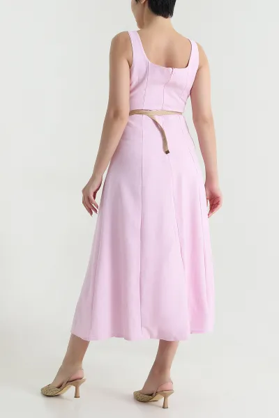 Pembe Astarlı Hasır Kemerli Kadın Keten Elbise 469738