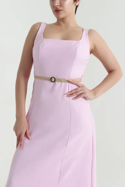 Pembe Astarlı Hasır Kemerli Kadın Keten Elbise 469738