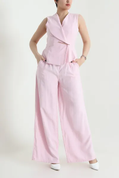 Pembe Astarlı Kolsuz İthal Gabardin Kadın Tulum Elbise 454303