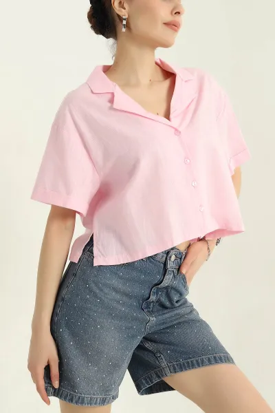 Pembe Ata Yaka Duble Kol Keten Kadın Gömlek 365471