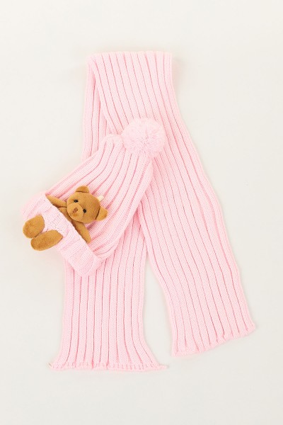 Pembe (Atkı: 92 cm Bere: 19 cm) Ponpnlu Ayı Oyuncaklı Atkı Bere 144818