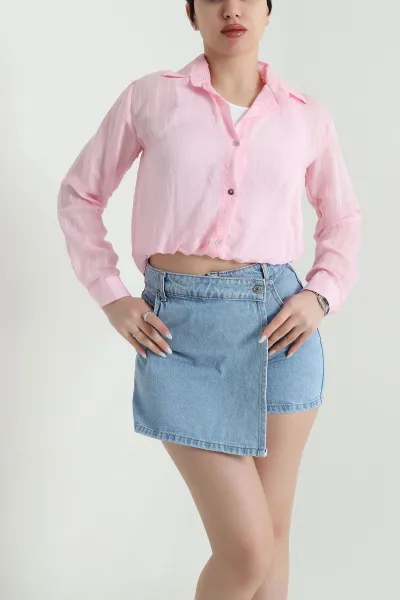 Pembe Atletli Tencel Kadın Balon Gömlek 449380