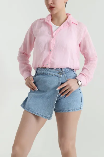 Pembe Atletli Tencel Kadın Balon Gömlek 449380