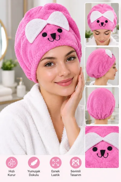 Pembe Ayıcıklı Lastikli Havlu Saç Kurulama Bonesi 253892
