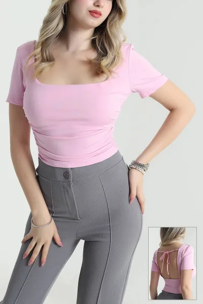 Pembe Bağlamalı Büzgülü Crop Bluz 477664