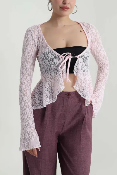 Pembe Bağlamalı Dantelli Kadın Bluz 488630