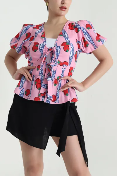 Pembe Bağlamalı Desenli Alya Poplin Kadın Bluz 469289