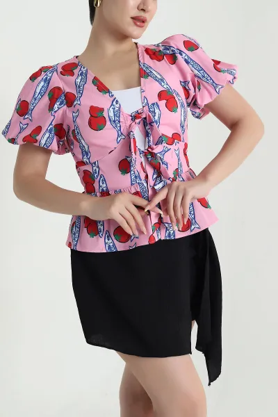 Pembe Bağlamalı Desenli Alya Poplin Kadın Bluz 469289