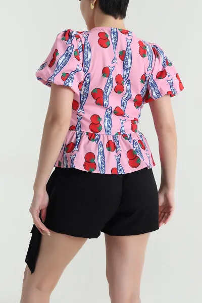 Pembe Bağlamalı Desenli Alya Poplin Kadın Bluz 469289