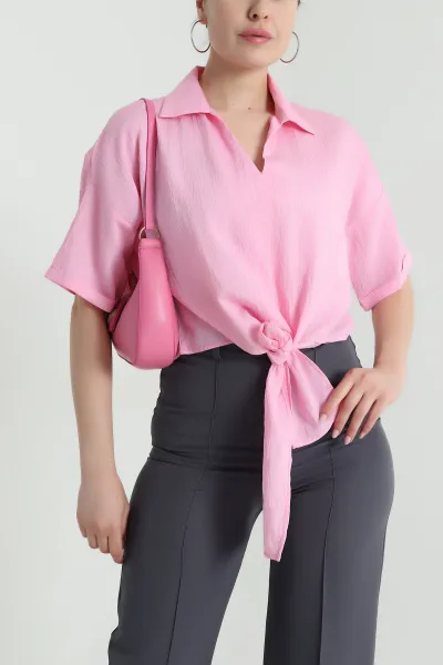 Pembe Bağlamalı Dokuma Çizgili Gömlek Bluz 473291