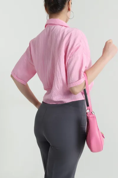 Pembe Bağlamalı Dokuma Çizgili Gömlek Bluz 473291