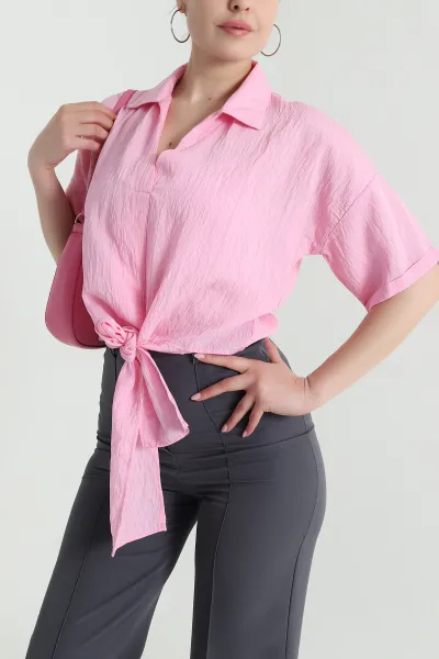 Pembe Bağlamalı Dokuma Çizgili Gömlek Bluz 473291