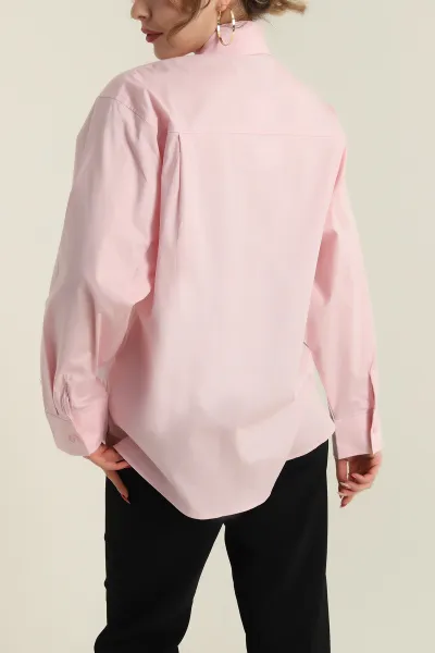 Pembe Bağlamalı Fular Yakalı Poplin Dokuma Kadın Gömlek 425581