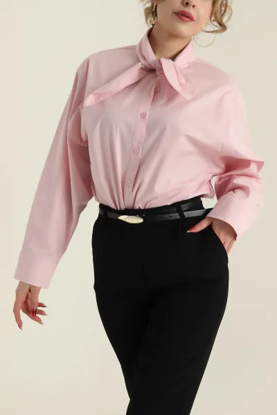 Pembe Bağlamalı Fular Yakalı Poplin Dokuma Kadın Gömlek 425581